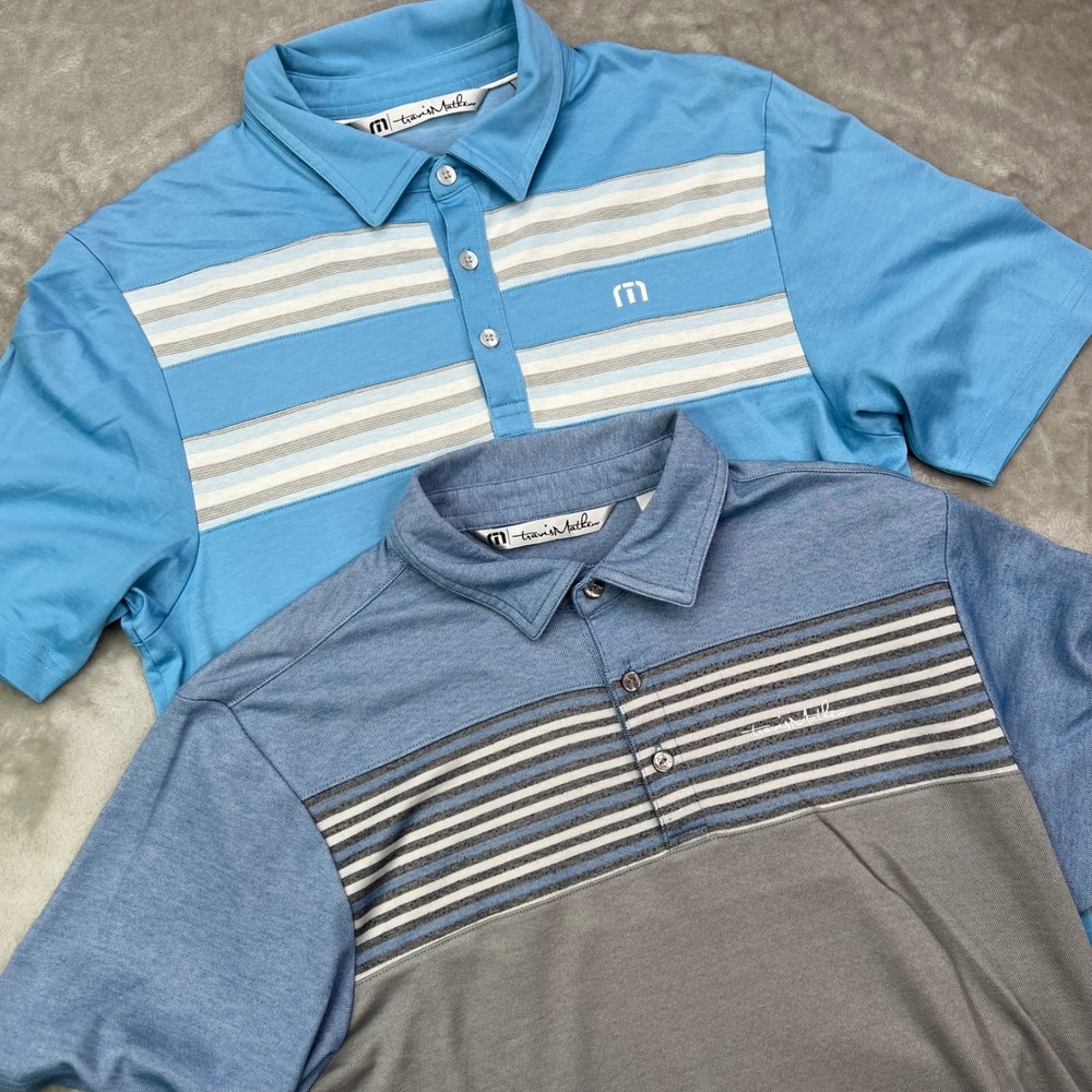 Travis Mathew Golf Polo Shirt Mens Small Blue Striped Pima Cotton Blend Lot of 2